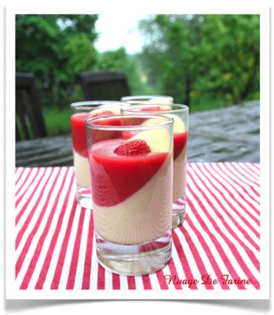 Panna Cotta au chocolat blanc et coulis de fraises gélifié